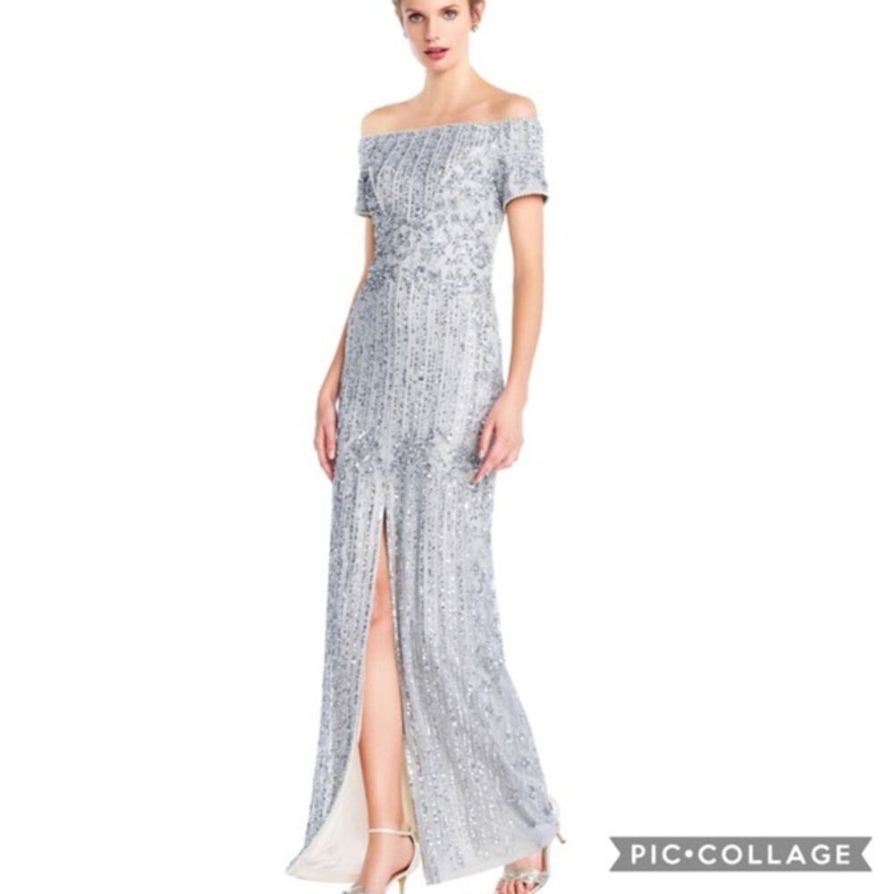 Adrianna Papell Blue Silver Long Formal Gown Dress 12 New Nwt